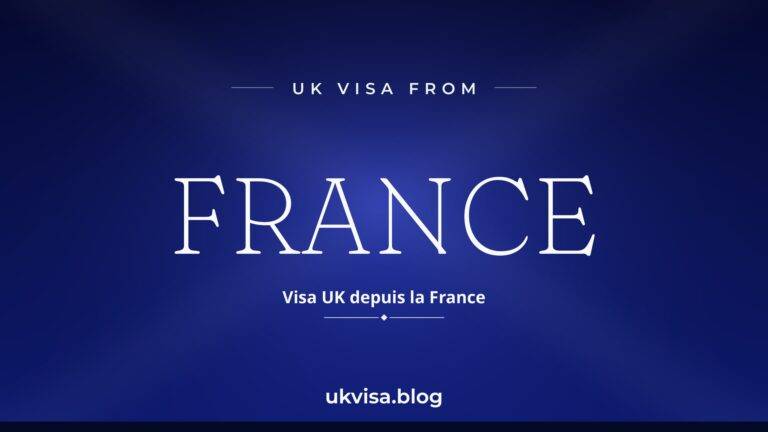 Home 9 UK visa from France featured image — France in white serif type with the French line "Visa UK depuis la France" on a dark blue national-colour background