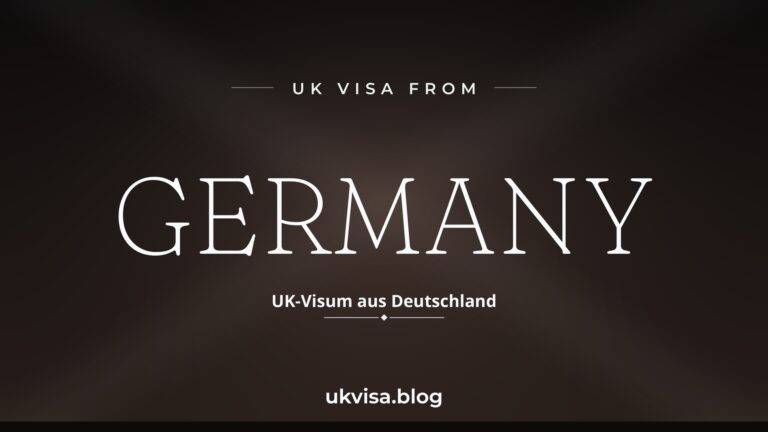 Home 5 UK visa from Germany featured image — Germany in white serif type with the German line "UK-Visum aus Deutschland" on a dark black national-colour background