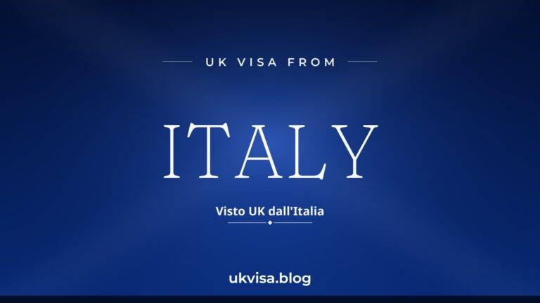 Home 3 UK visa from Italy featured image — Italy in white serif type with the Italian line "Visto UK dall'Italia" on a dark azzurro blue national-colour background