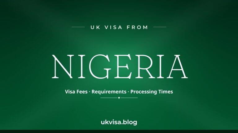Home 5 UK visa from Nigeria featured image — Nigeria in white serif type with "Visa Fees · Requirements · Processing Times" on a dark green national-colour background
