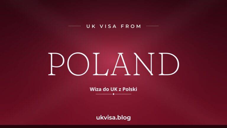 Home 6 UK visa from Poland featured image — Poland in white serif type with the Polish line "Wiza do UK z Polski" on a dark crimson national-colour background