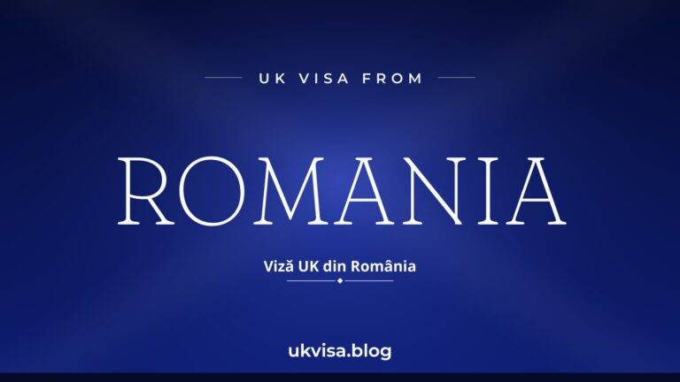 Home 4 UK visa from Romania featured image — Romania in white serif type with the Romanian line "Viză UK din România" on a dark blue national-colour background