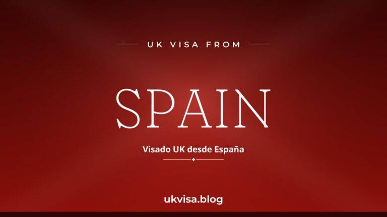Home 2 UK visa from Spain featured image — Spain in white serif type with the Spanish line "Visado UK desde España" on a dark red national-colour background