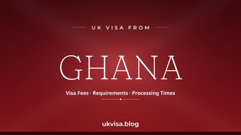 Home 9 Uk Visa From Ghana Featured Image — Ghana In White Serif Type With &Quot;Visa Fees · Requirements · Processing Times&Quot; On A Dark Red National-Colour Background