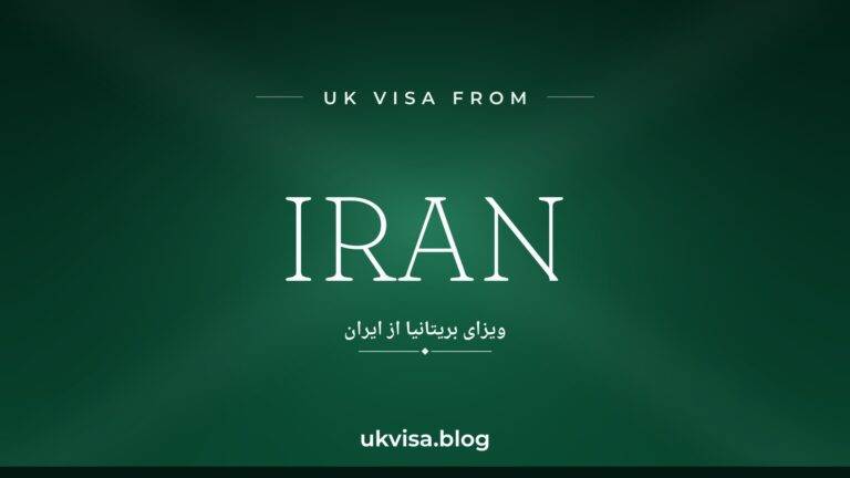Home 13 UK visa from Iran featured image — Iran in white serif type with the Farsi line "ویزای بریتانیا از ایران" on a dark green national-colour background