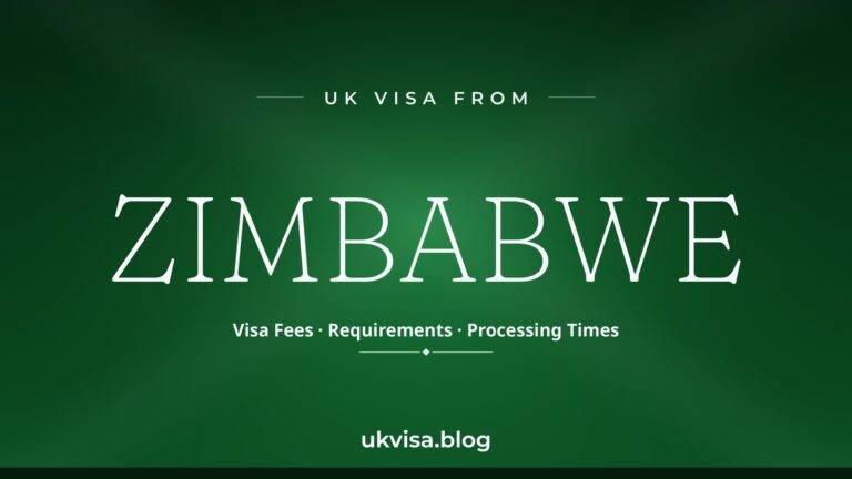 Home 2 Uk Visa From Zimbabwe Featured Image — Zimbabwe In White Serif Type With &Quot;Visa Fees · Requirements · Processing Times&Quot; On A Dark Green National-Colour Background