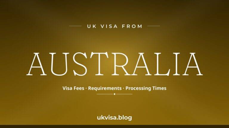 Home 6 UK visa from Australia featured image — Australia in white serif type with "Visa Fees · Requirements · Processing Times" on a dark green-and-gold gold national-colour background