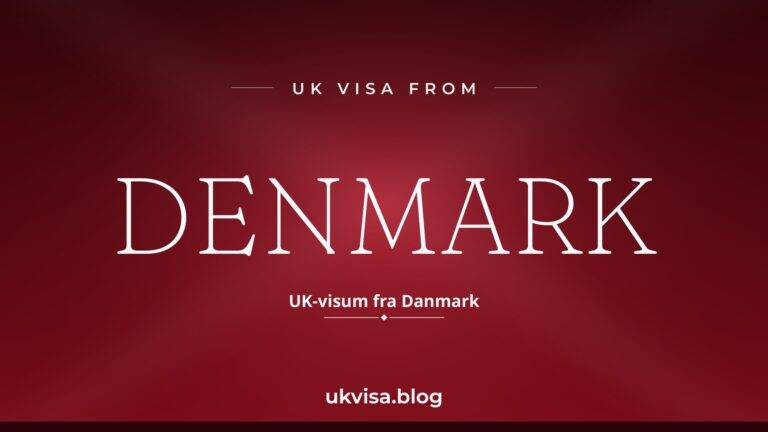 Home 9 UK visa from Denmark featured image — Denmark in white serif type with the Danish line "UK-visum fra Danmark" on a dark red national-colour background