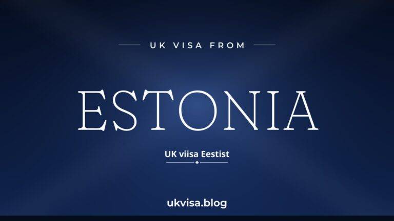 Home 6 UK visa from Estonia featured image — Estonia in white serif type with the Estonian line "UK viisa Eestist" on a dark blue national-colour background