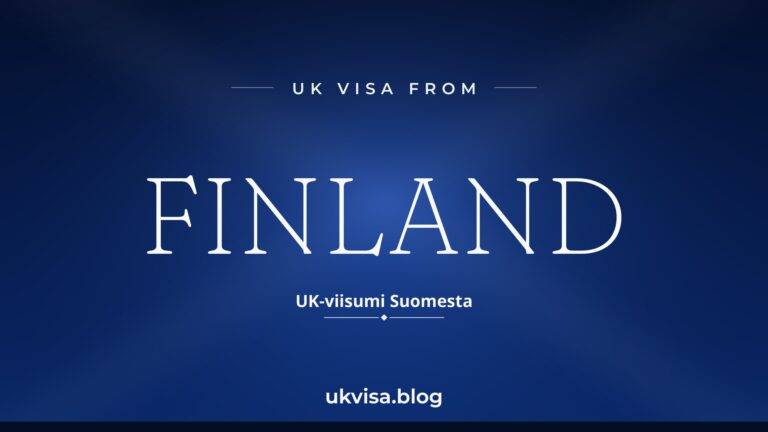 Home 7 UK visa from Finland featured image — Finland in white serif type with the Finnish line "UK-viisumi Suomesta" on a dark blue national-colour background