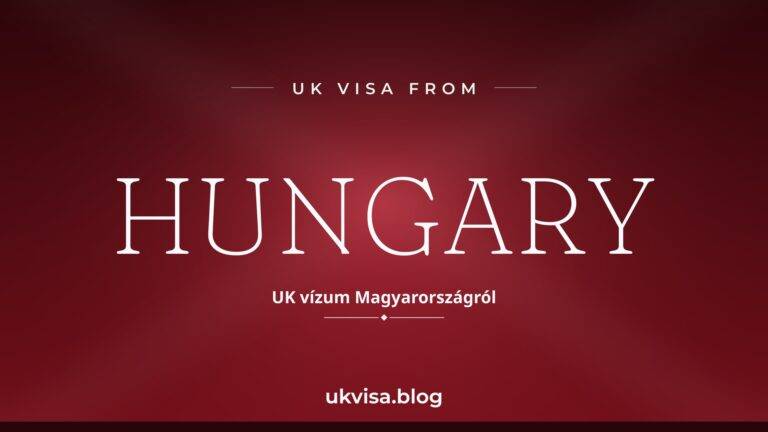 Home 11 UK visa from Hungary featured image — Hungary in white serif type with the Hungarian line "UK vízum Magyarországról" on a dark red national-colour background