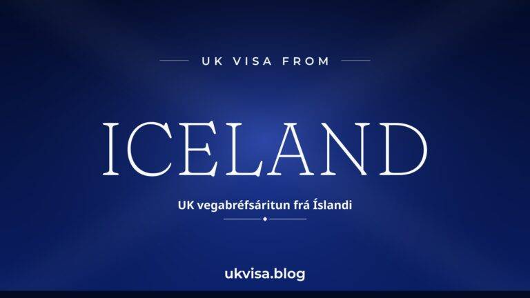 Home 6 UK visa from Iceland featured image — Iceland in white serif type with the Icelandic line "UK vegabréfsáritun frá Íslandi" on a dark blue national-colour background