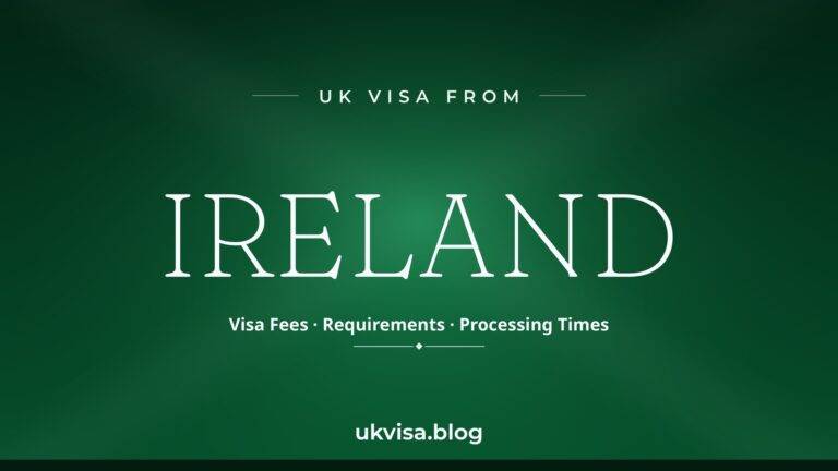 Home 12 UK visa from Ireland featured image — Ireland in white serif type with "Visa Fees · Requirements · Processing Times" on a dark green national-colour background