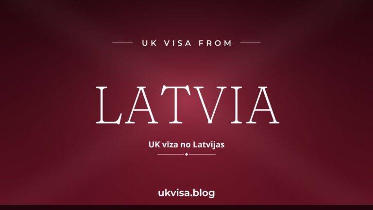 Home 7 UK visa from Latvia featured image — Latvia in white serif type with the Latvian line "UK vīza no Latvijas" on a dark carmine national-colour background