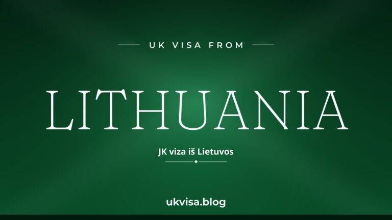 Home 8 UK visa from Lithuania featured image — Lithuania in white serif type with the Lithuanian line "JK viza iš Lietuvos" on a dark green national-colour background