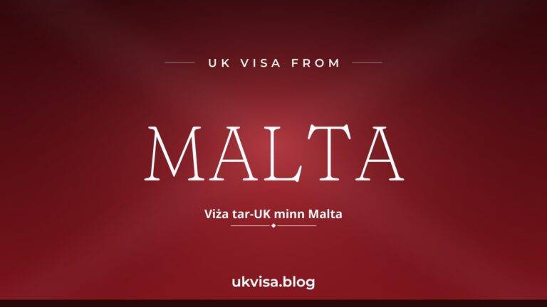 Home 4 UK visa from Malta featured image — Malta in white serif type with the Maltese line "Viża tar-UK minn Malta" on a dark red national-colour background