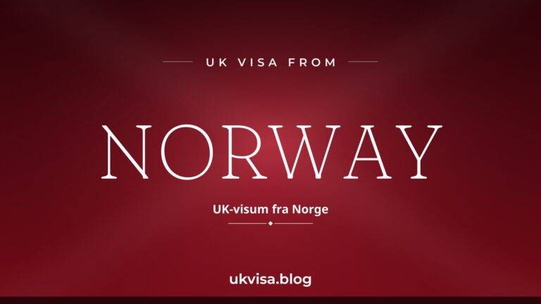 Home 8 UK visa from Norway featured image — Norway in white serif type with the Norwegian line "UK-visum fra Norge" on a dark red national-colour background