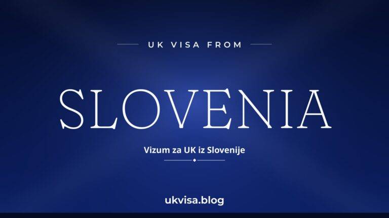 Home 10 UK visa from Slovenia featured image — Slovenia in white serif type with the Slovenian line "Vizum za UK iz Slovenije" on a dark blue national-colour background