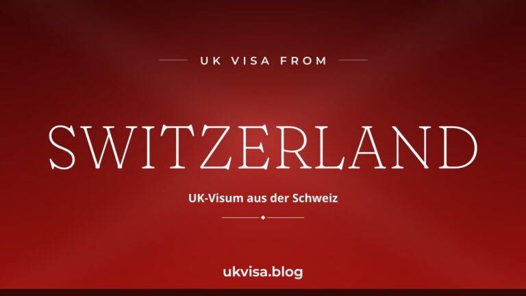 Home 11 UK visa from Switzerland featured image — Switzerland in white serif type with the German line "UK-Visum aus der Schweiz" on a dark red national-colour background