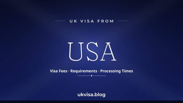 Home 10 UK visa from USA featured image — USA in white serif type with "Visa Fees · Requirements · Processing Times" on a dark navy blue national-colour background