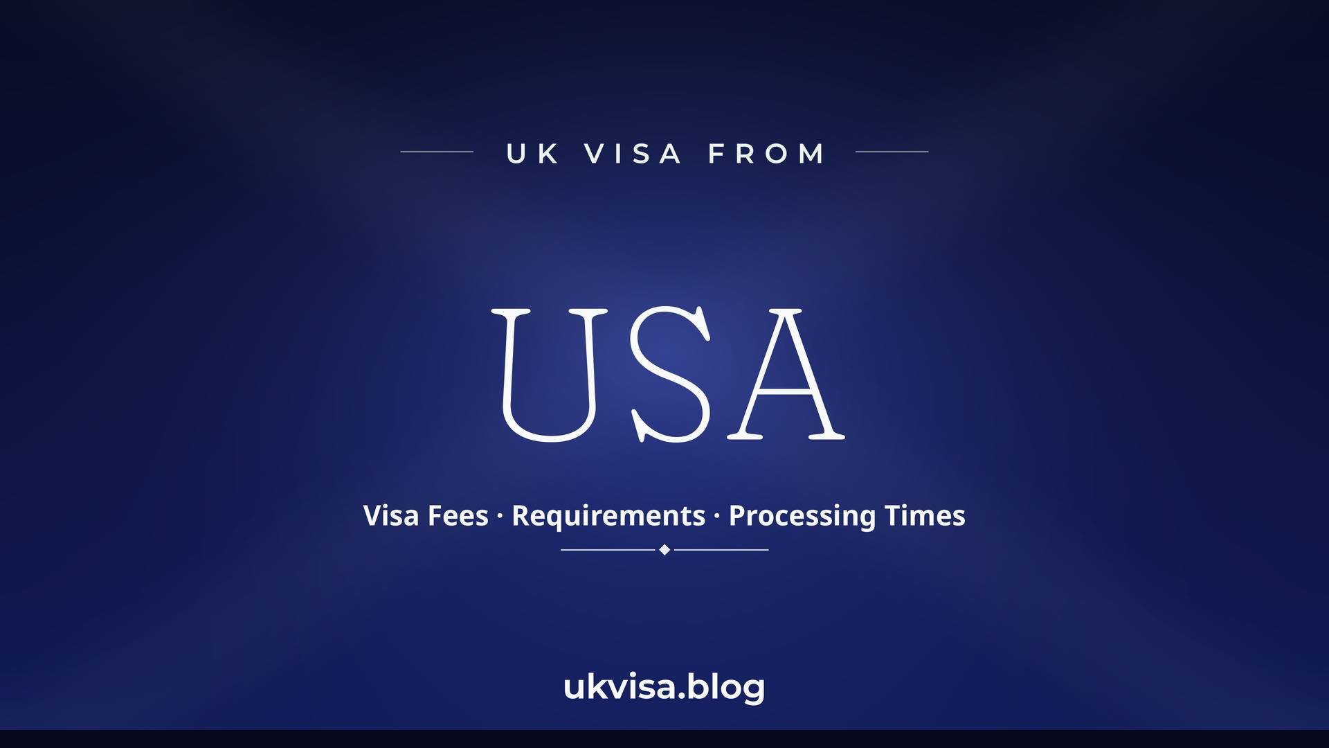 UK visa from USA featured image — USA in white serif type with "Visa Fees · Requirements · Processing Times" on a dark navy blue national-colour background