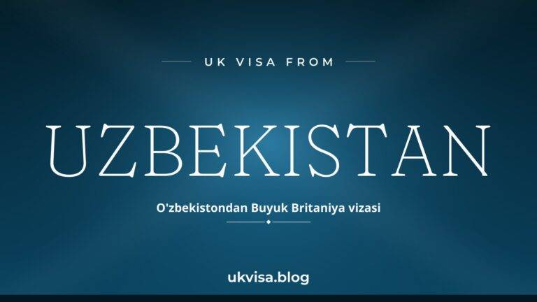 Home 9 UK visa from Uzbekistan featured image — Uzbekistan in white serif type with the Uzbek line "O'zbekistondan Buyuk Britaniya vizasi" on a dark blue national-colour background