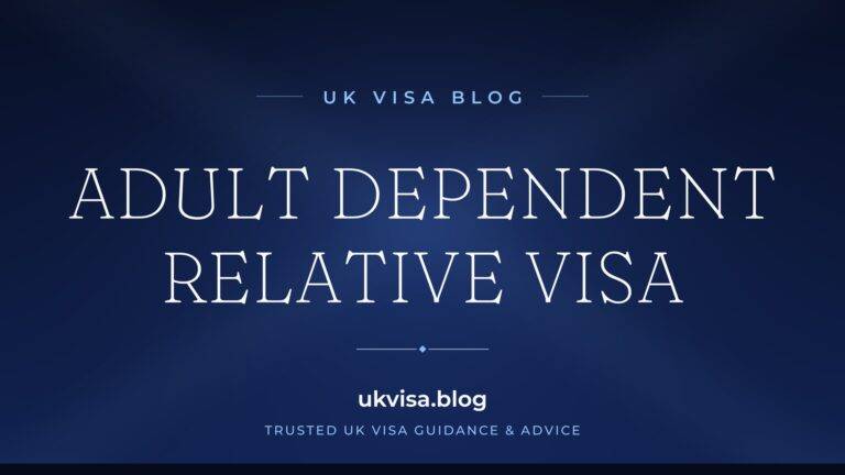 Home 3 UK Visa Blog featured image — "Adult Dependent Relative Visa" in white serif type on a navy blue background with Union Jack light beams