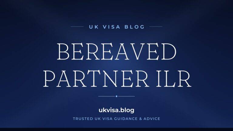 UK Visa Blog featured image — "Bereaved Partner ILR" in white serif type on a navy blue background with Union Jack light beams
