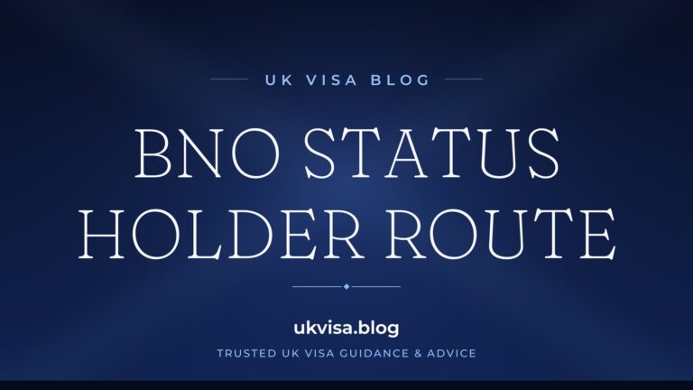 Home 6 UK Visa Blog featured image — "BNO Status Holder Route" in white serif type on a navy blue background with Union Jack light beams
