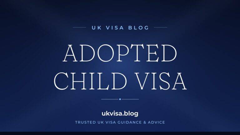 UK Visa Blog featured image — "Adopted Child Visa" in white serif type on a navy blue background with Union Jack light beams
