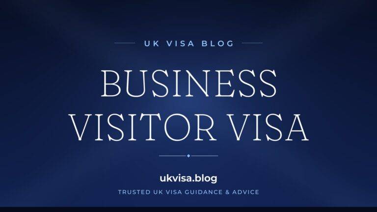 Home 7 UK Visa Blog featured image — "Business Visitor Visa" in white serif type on a navy blue background with Union Jack light beams