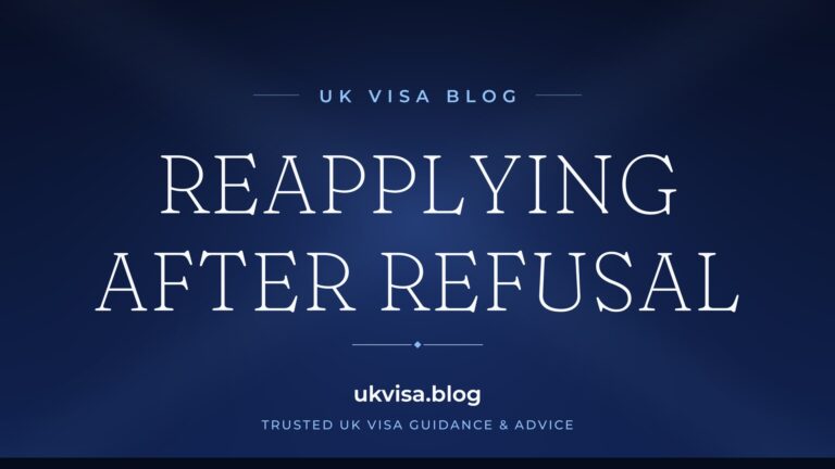 Home 9 UK Visa Blog featured image — "Reapplying After Refusal" in white serif type on a navy blue background with Union Jack light beams