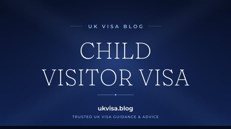 Home 13 UK Visa Blog featured image — "Child Visitor Visa" in white serif type on a navy blue background with Union Jack light beams