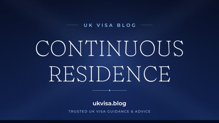 Home 12 UK Visa Blog featured image — "Continuous Residence" in white serif type on a navy blue background with Union Jack light beams
