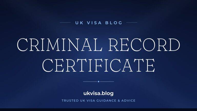 Home 11 UK Visa Blog featured image — "Criminal Record Certificate" in white serif type on a navy blue background with Union Jack light beams