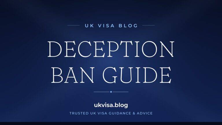 Home 8 UK Visa Blog featured image — "Deception Ban Guide" in white serif type on a navy blue background with Union Jack light beams