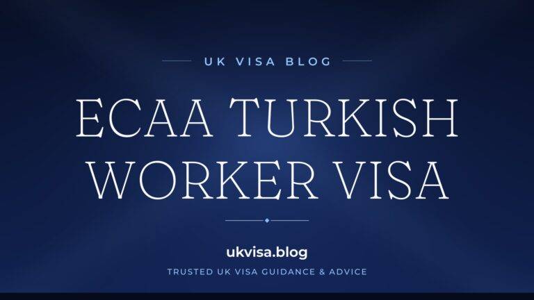 Home 13 UK Visa Blog featured image — "ECAA Turkish Worker Visa" in white serif type on a navy blue background with Union Jack light beams