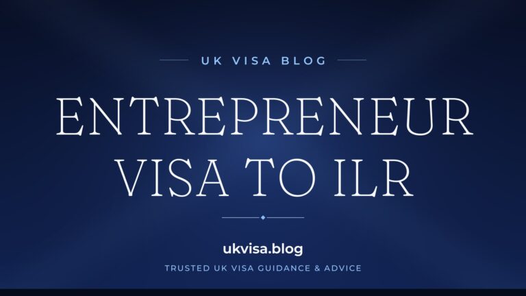 Home 4 UK Visa Blog featured image — "Entrepreneur Visa to ILR" in white serif type on a navy blue background with Union Jack light beams