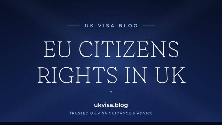 UK Visa Blog featured image — "EU Citizens Rights in UK" in white serif type on a navy blue background with Union Jack light beams