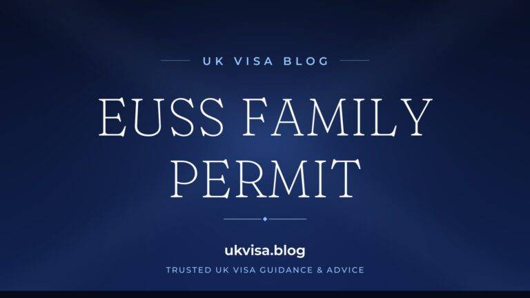 Home 13 UK Visa Blog featured image — "EUSS Family Permit" in white serif type on a navy blue background with Union Jack light beams