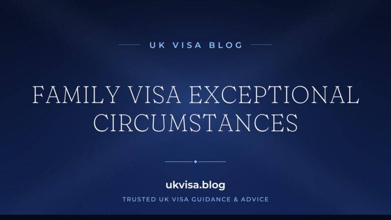 Home 3 UK Visa Blog featured image — "Family Visa Exceptional Circumstances" in white serif type on a navy blue background with Union Jack light beams