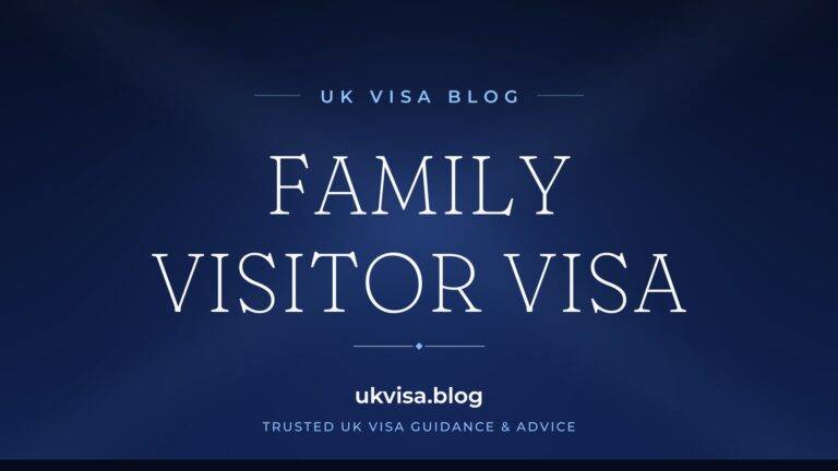 Home 8 UK Visa Blog featured image — "Family Visitor Visa" in white serif type on a navy blue background with Union Jack light beams