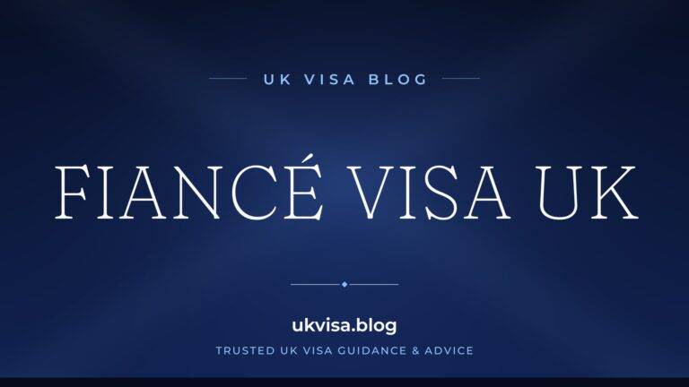 UK Visa Blog featured image — "Fiancé Visa UK" in white serif type on a navy blue background with Union Jack light beams