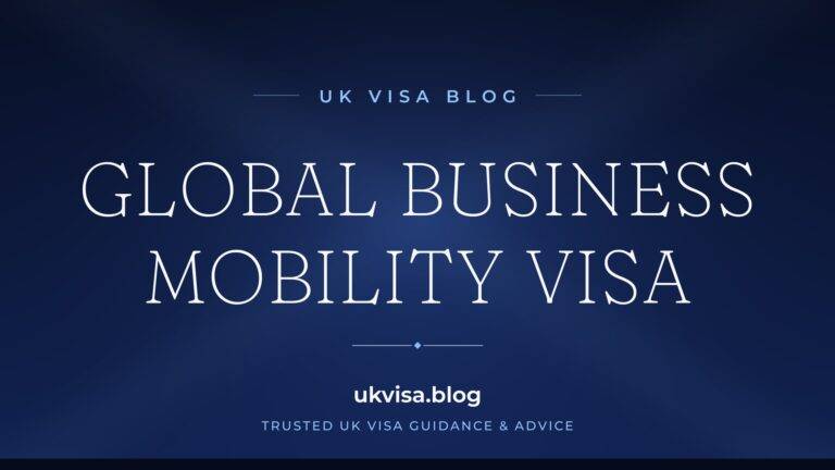 Home 13 UK Visa Blog featured image — "Global Business Mobility Visa" in white serif type on a navy blue background with Union Jack light beams