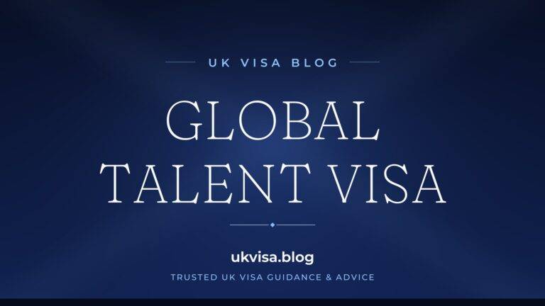 Home 7 UK Visa Blog featured image — "Global Talent Visa" in white serif type on a navy blue background with Union Jack light beams