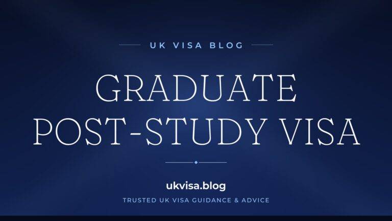 Home 9 UK Visa Blog featured image — "Graduate Post-Study Visa" in white serif type on a navy blue background with Union Jack light beams