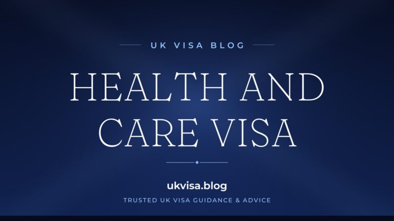 Home 9 UK Visa Blog featured image — "Health and Care Visa" in white serif type on a navy blue background with Union Jack light beams