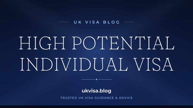 Home 7 UK Visa Blog featured image — "High Potential Individual Visa" in white serif type on a navy blue background with Union Jack light beams