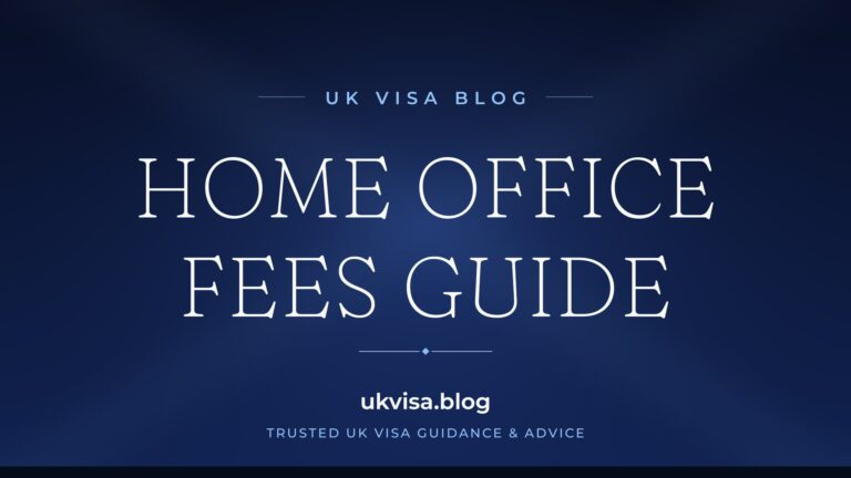 Home 6 UK Visa Blog featured image — "Home Office Fees Guide" in white serif type on a navy blue background with Union Jack light beams