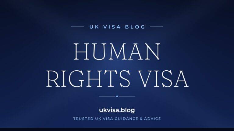Home 10 UK Visa Blog featured image — "Human Rights Visa" in white serif type on a navy blue background with Union Jack light beams